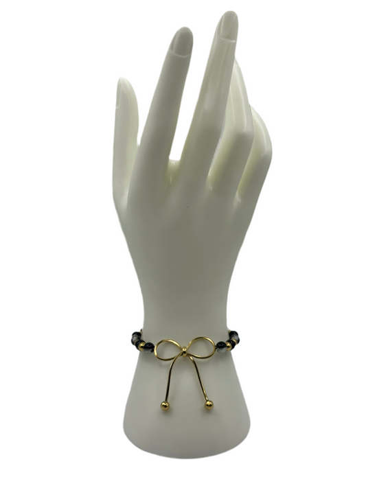 Gold Bow w/ Black Marble Beads Bracelet